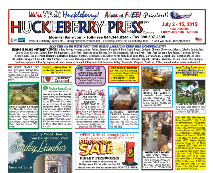 Huckleberry Press Front Page July 02, 2015